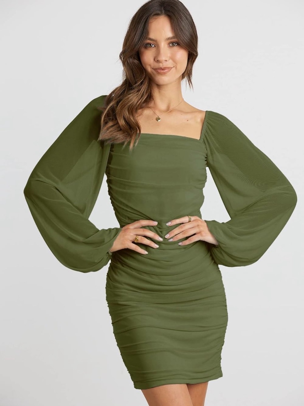 Square Neck Ruched Olive Mini Dress with Balloon Sleeves